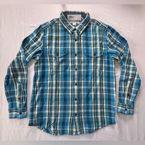Outerknown Men’s Blue and Yellow Flannel Size Medium NWT Heavy 100% Cotton
